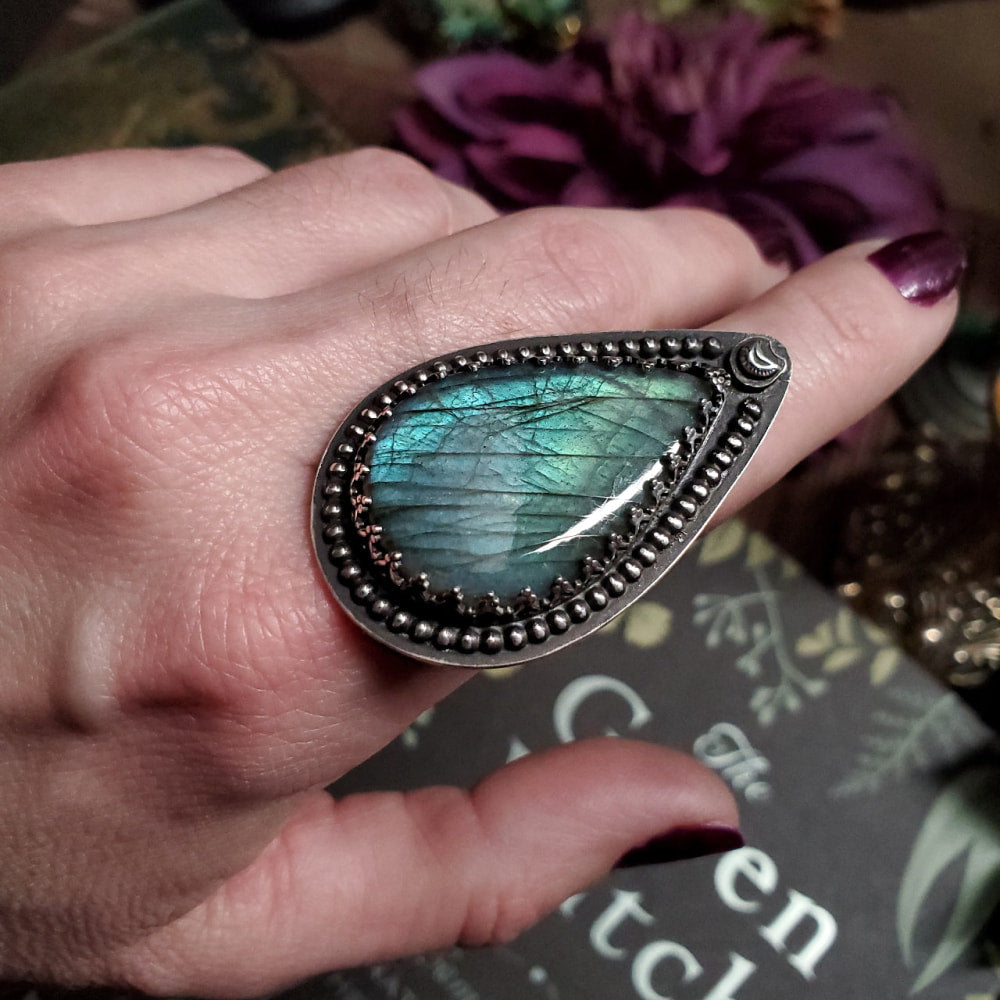 a close up of a person’s hand holding a ring with a green butterfly wing