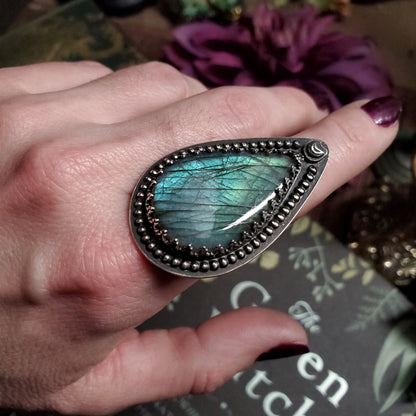 a close up of a person’s hand holding a ring with a green butterfly wing
