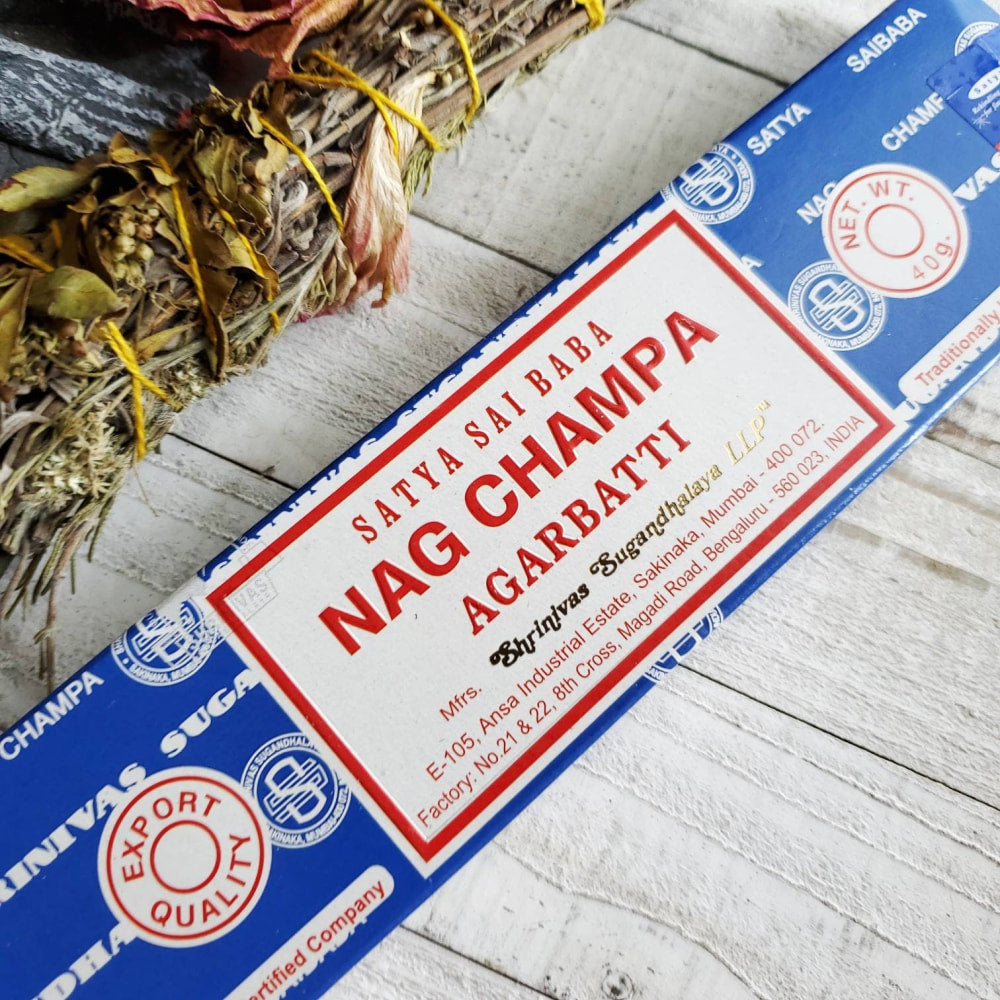 Nag Champa incense 40g box with blue tea bag for crystal cleansing